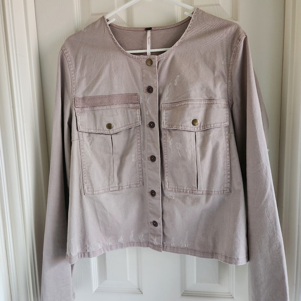 Free People Lou Cropped Military Jacket Size Large Blushโ Patchwork Long Sleeves